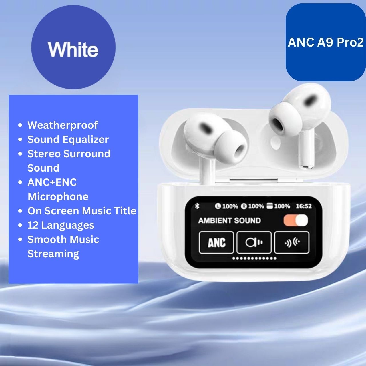 ?Sg Stock?Active Noise Cancellation(ANC) Earphones A9 Pro2 Wireless Bluetooth Earbuds LCD Touch Screen + ENC Microphone