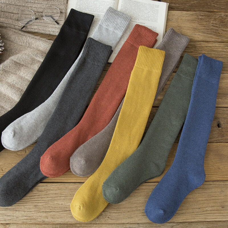 Women Cotton Knee High Socks Black White Solid Color Fashion Casual Winter Thick Socks Female Girl Party Dancing Sexy Long Socks