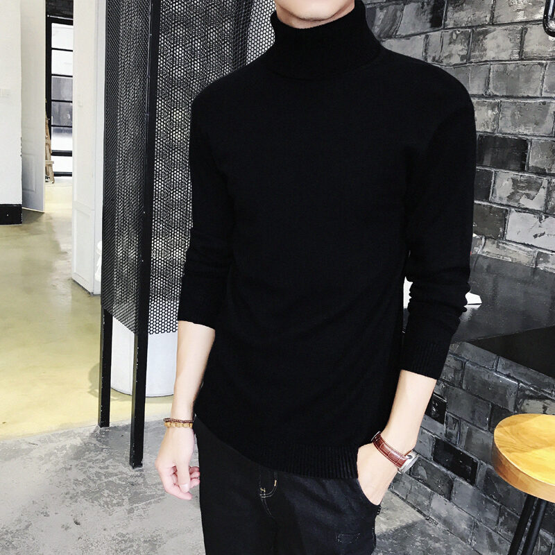 Thickened Men's Turtleneck Sweater Winter Woolen Sweater Korean Style Tight Fleece-Lined Black Bottoming Shirt Men's Clothing
