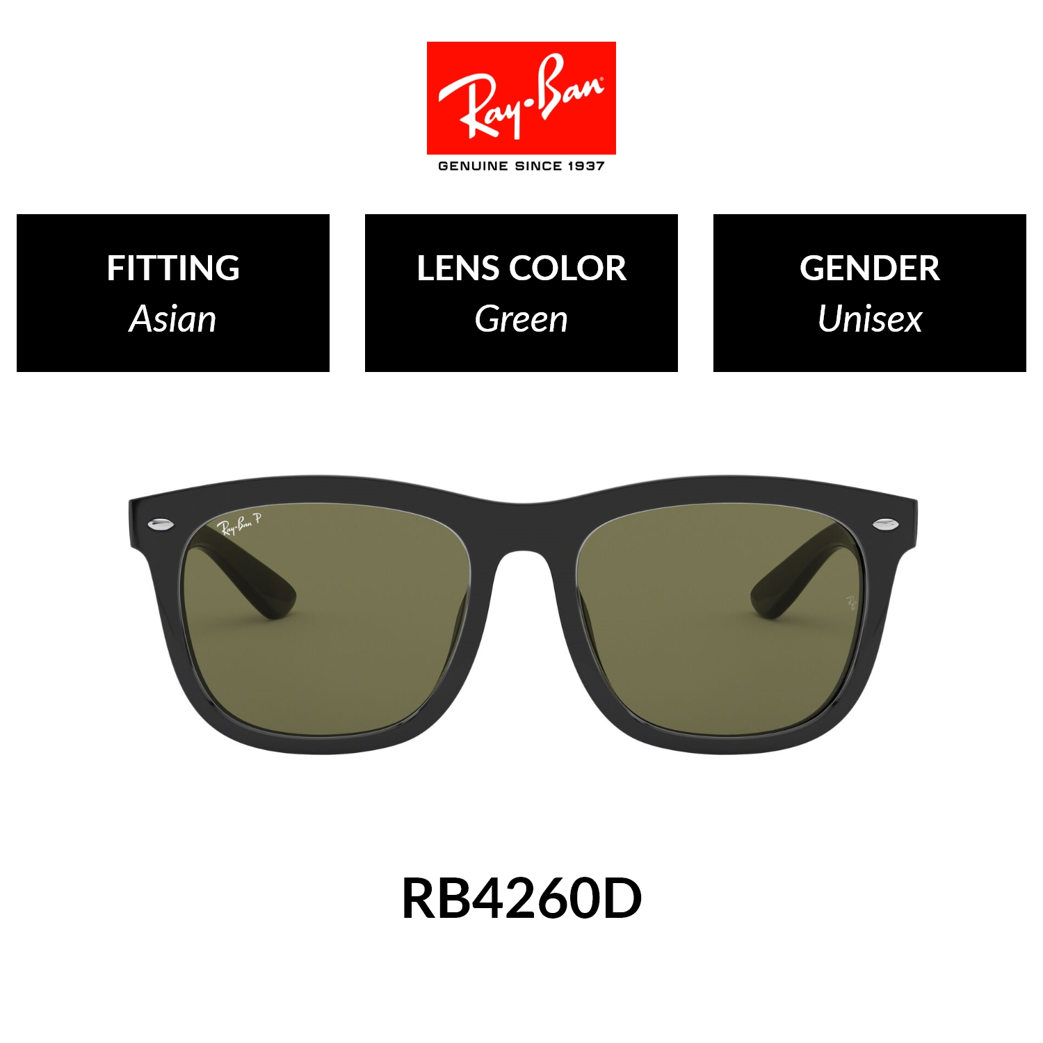 Ray-Ban SQUARE RB4260D 601/9A Unisex Asian Fitting POLARIZED Sunglasses Size 57mm