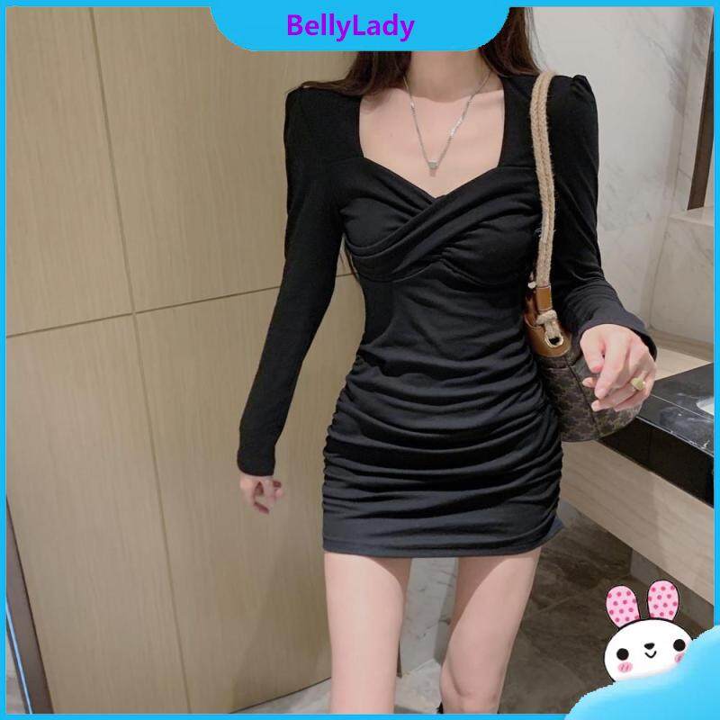 Women Long Sleeves Dress Girls Trendy Solid Color High Waist Bodycon Skirt Elegant Slim Fit Short Skirt