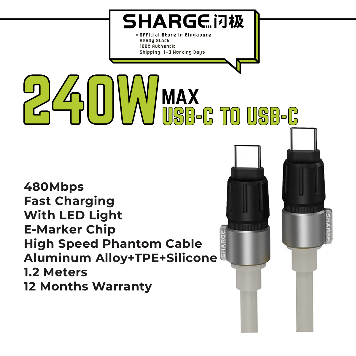 Shargeek/Sharge SL106 240W PD USB-C to USB-C Phantom Fast Charging Cable w/ E-Marker Chip w/ LED Light 1.2m for Samsung Android Power Bank