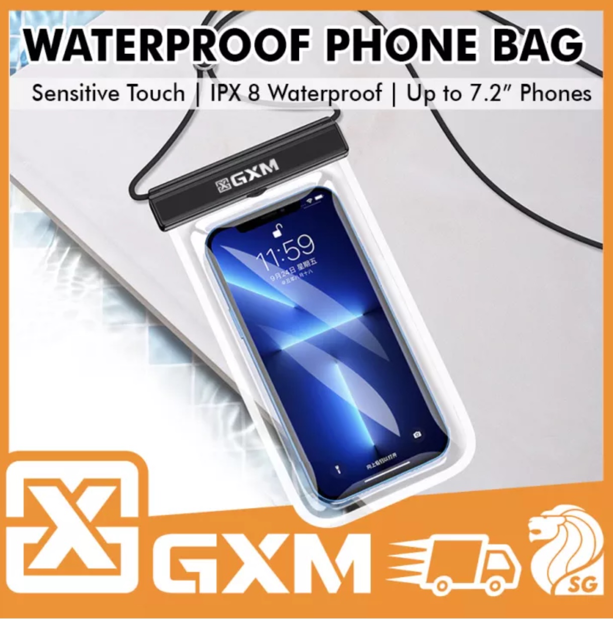 GXM Waterproof Mobile Phone Slip Cover Bag IPX8 Sensitive Touch Screen Lanyard Swimming Diving Transparent Phone Case Bag