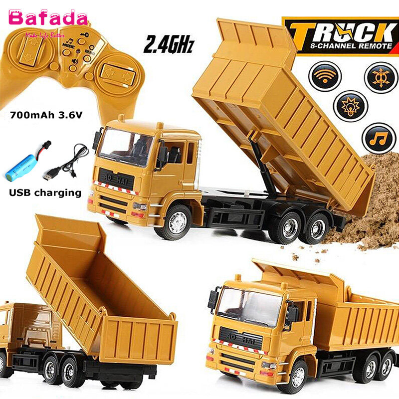 BafadaãReady Stockã8-Channel USB charging RC cars RC Dump Truck 2.4Ghz Remote Control RC Construction Vehicle Toys for children boys Xmas birthday gifts yellow color RC Engineering truck model Bea