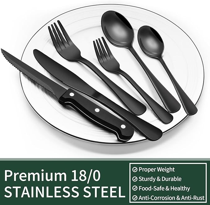 30-piece black silverware set, 6-piece set, food grade stainless steel cutlery set, home office restaurant hotel cutlery set