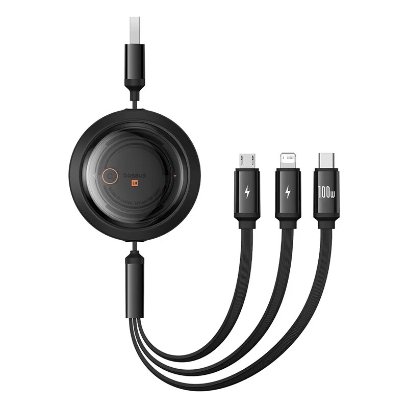 Baseus 100W 3 In 1 Retractable USB Phone Data Cable Type C Fast Charging Cable For iPhone Huawei Xiaomi Android Micro