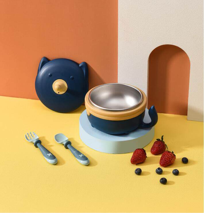 VREN Food Warm Injection Hot Water Insulation Kids Dishes 306L Stainless Steel Tableware Baby Sucker 400ml Feeding Bowl Plate Children's Tableware Set