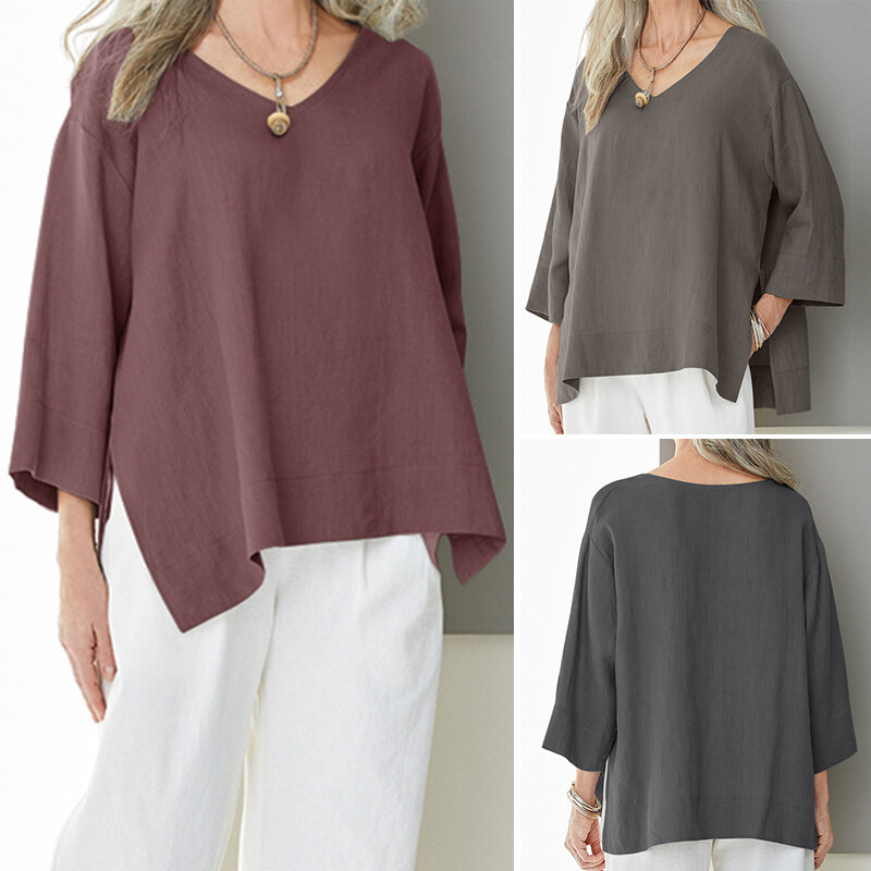 Rulfepy ZANZEA Women Casual V Neck Pullover Basic Tee T Shirt Plus Size Blouse Tops