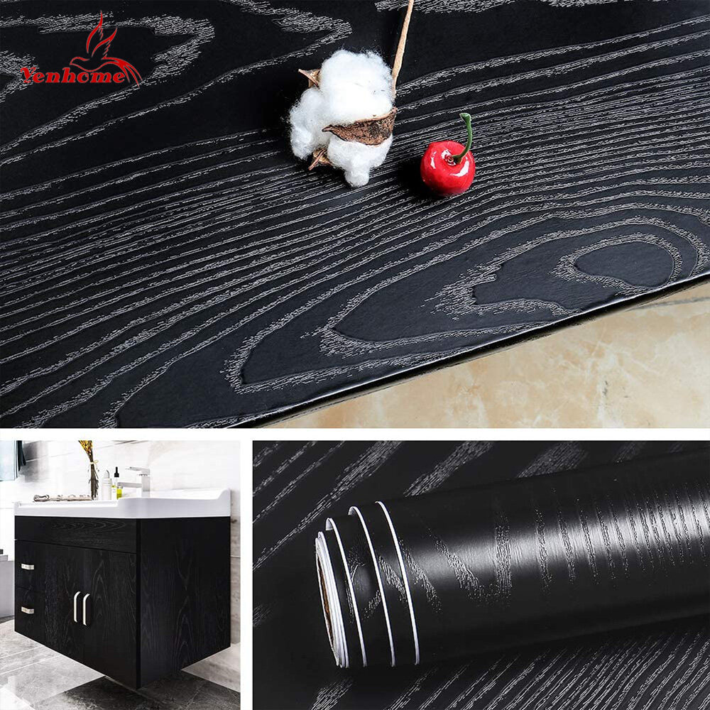Yenhome 60×300cm Black Wood Grain Wallpaper Self-adhesive Wall Sticker Waterproof Oilproof Contact Paper Door Sticker For Background Bedroom Bathroom Cabinet