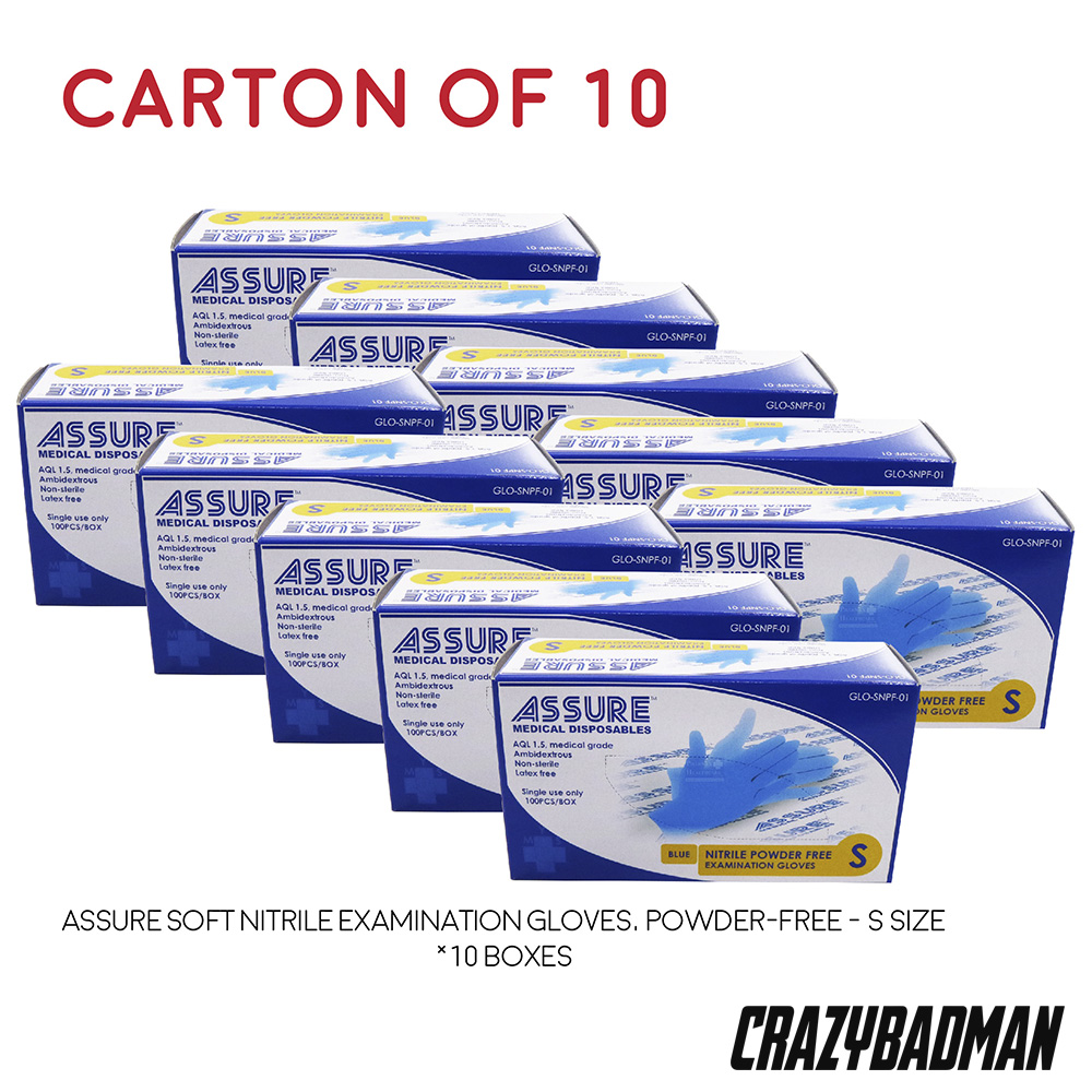 [Carton of 10] ASSURE Soft Nitrile Disposable Examination Gloves, Powder-Free (100pcs/box, Size, XS/S/M/L))