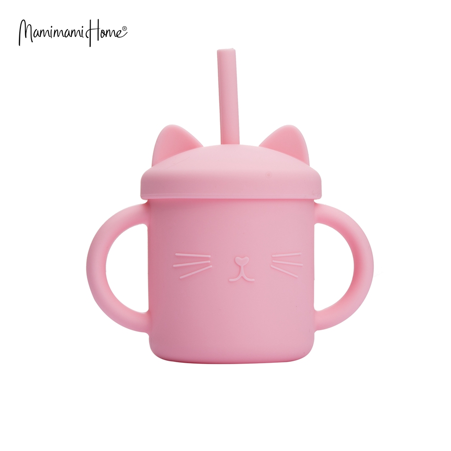 Mamimami Home Kids Sippy Cup 1PC 100% Food Grade Silicone Cups with Straw & Cover Cartoon Cat Baby Self-feeding Essentials