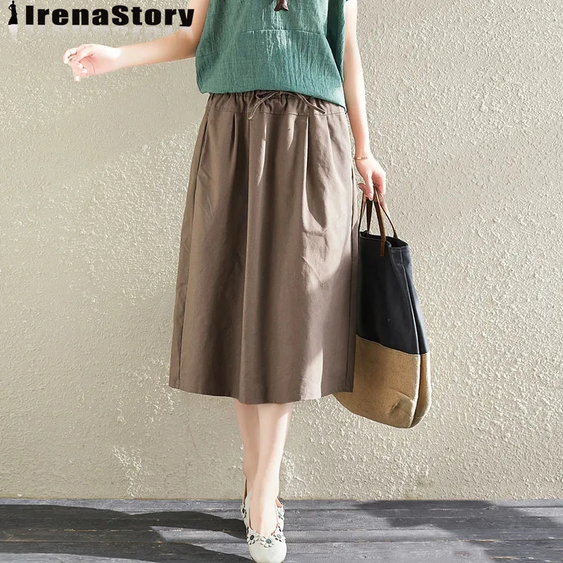 (S-4XL) IRENASTORY Korean Style Cotton Skirts for Women Plain Color Elastic Waist A-line Skirt Elastic Waist Plus Size Skirt