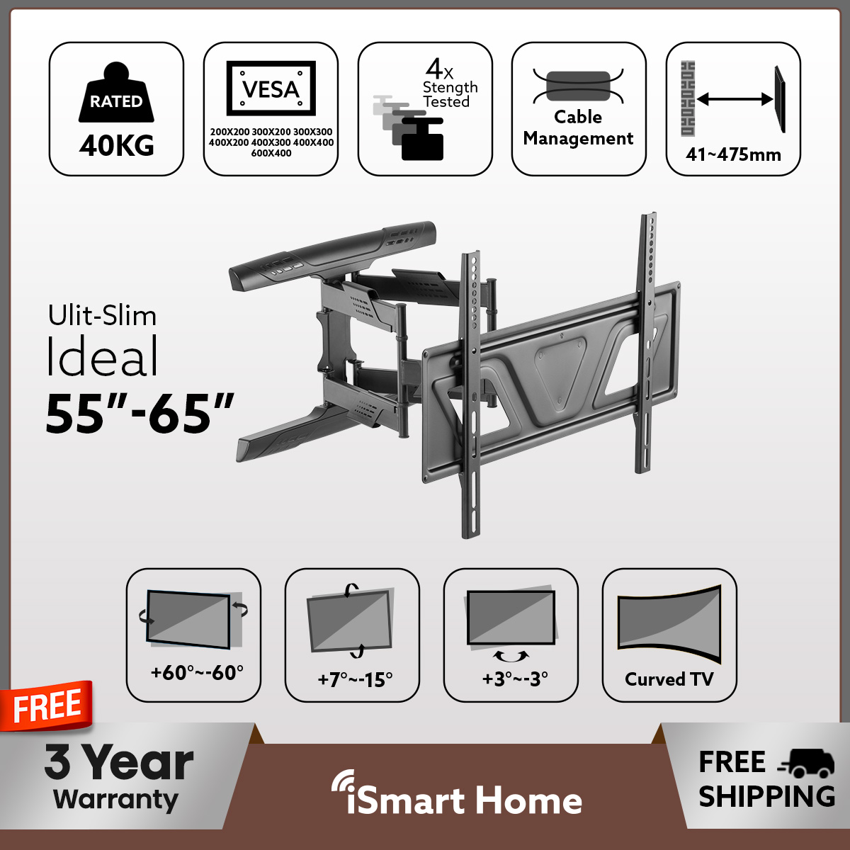 Swivel Wall Mount 55"-65" | Ideal-Ult-Slim | FREE Delivery & Installation | 45kg