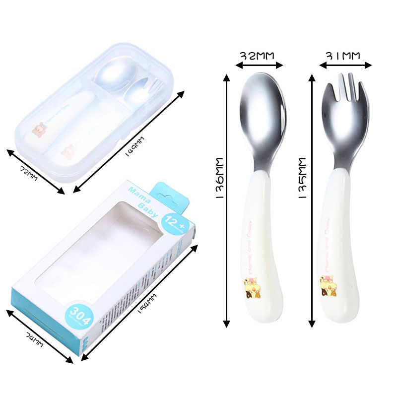 Mododo 2pcs/Set Spoon Forks Portable Children 1Box Kids Cutlery 304 Stainless Steel Tableware Baby Feeding Utensils Cartoon Pattern