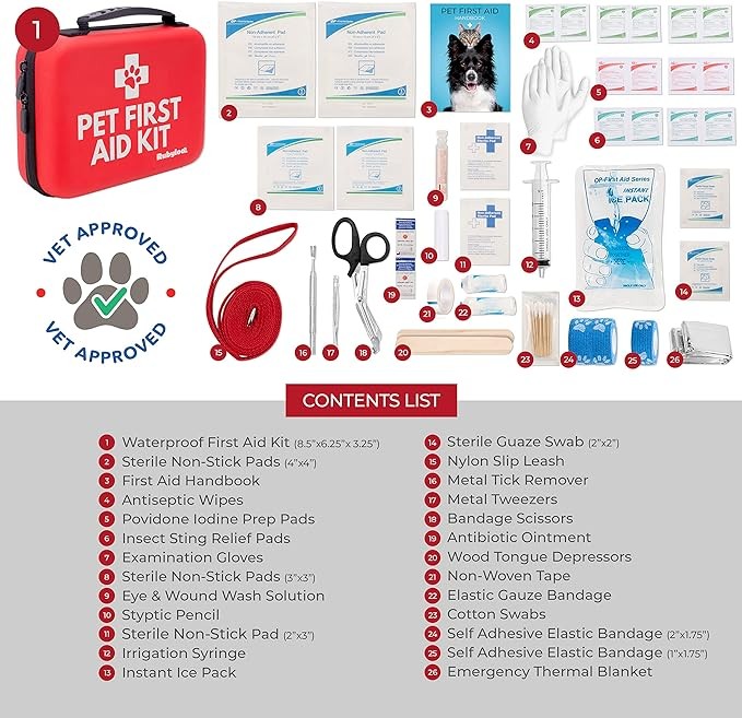 Dog First Aid Kit | Vet Approved Pet First Aid Supplies to Treat Dogs & Cats in an Emergency | Pet First Aid Kit Book, Tick Remover, Slip Leash & Medical Essentials for Home, Camping, Car, RV, Travel