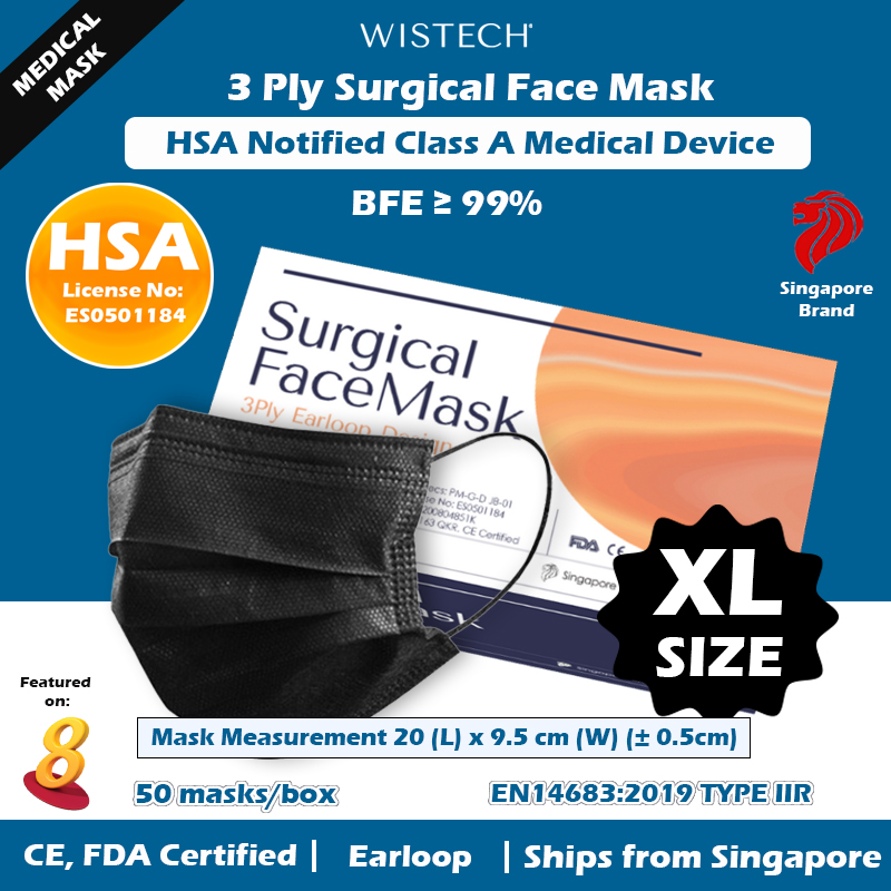[GET %% OFF MIX AND MATCH] (XL LARGE SIZE BLACK/WHITE/BLUE) Wistech 3 Ply Surgical Mask, HSA Notified Medical Device, FDA CE Approved, BFE 99%, Singapore Ready Stock