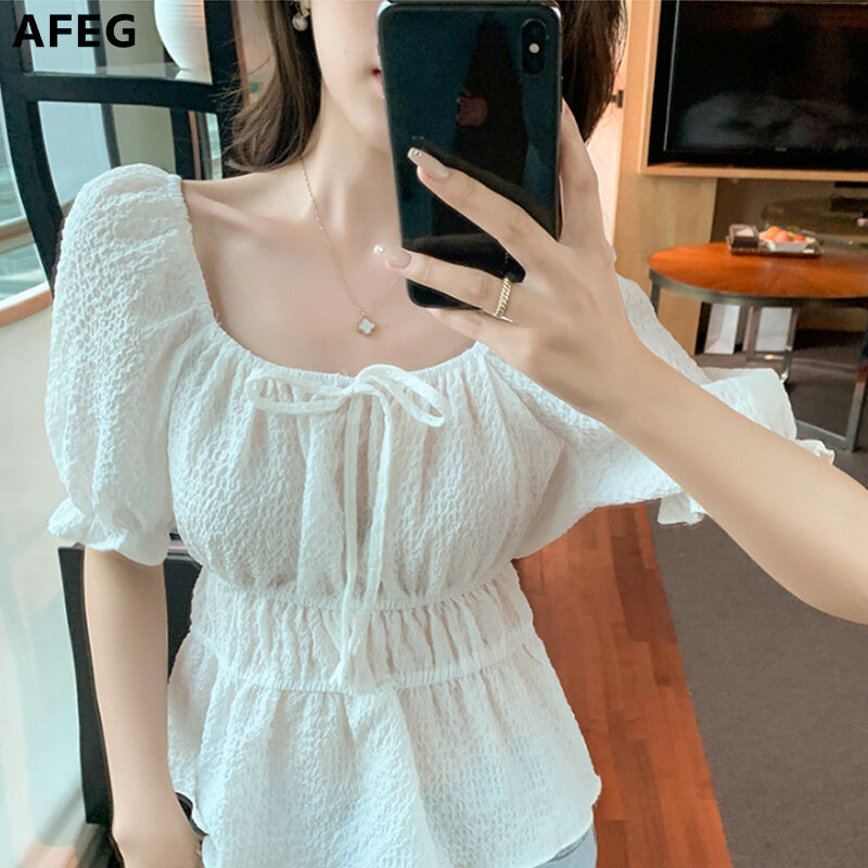 AFEG Korean style women's short-sleeved square neck tie temperament blouse for women