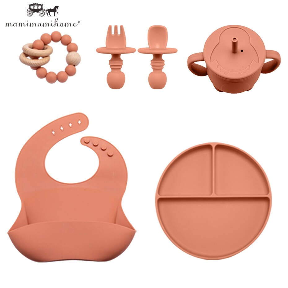 Mamimami Home Baby Feeding Meal Set 5pcs 100% Silicone Anti-fall Suction Plate,Spoon & Fork,Sippy Cup,Soft Bib
