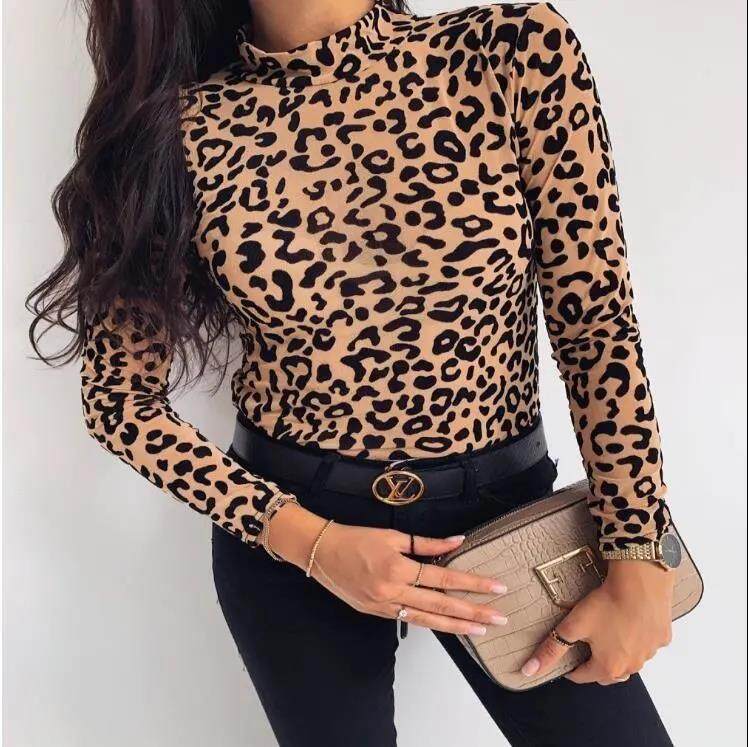 EDQRDQ Women's Leopard Print Long Sleeve High Neck T-Shirt Basic Solid Slim Cheetah Shirts Fitted Tee Top