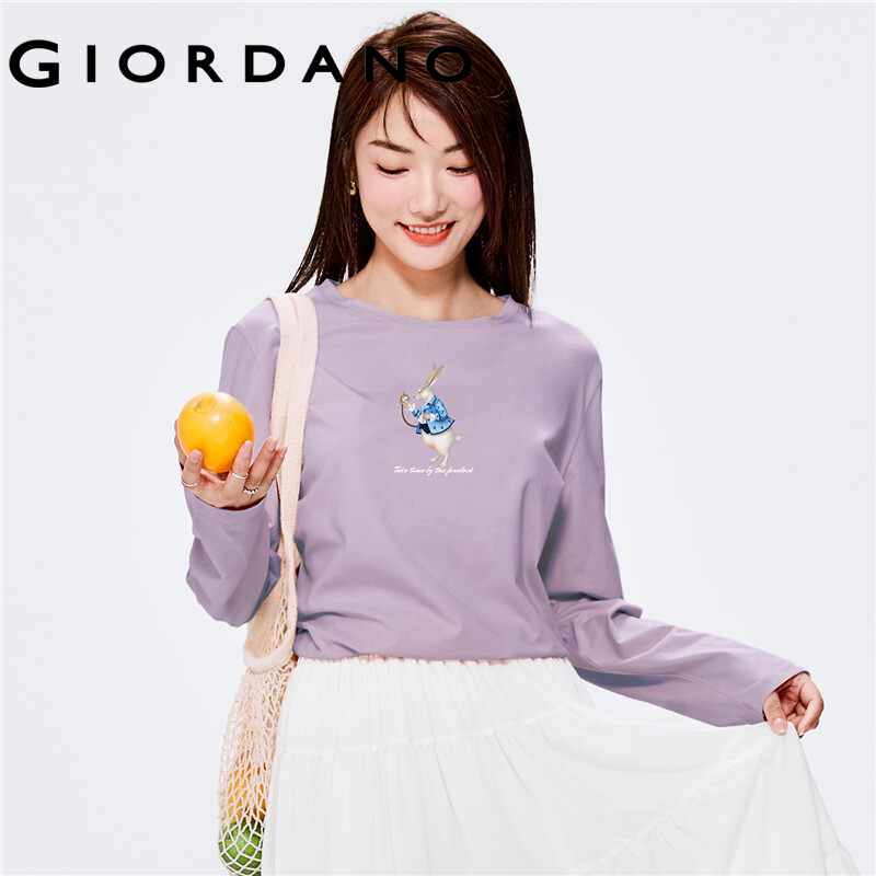 GIORDANO Women Huaxiansheng Series T-Shirts Print Pattern 100% Cotton Casual T-Shirts Long Sleeve Basic Spring Fall Tee 99392103