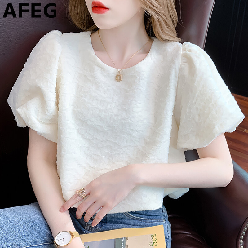 AFEG new Korean version round neck pleated fashion loose all-match mesh puff sleeve blouse for women