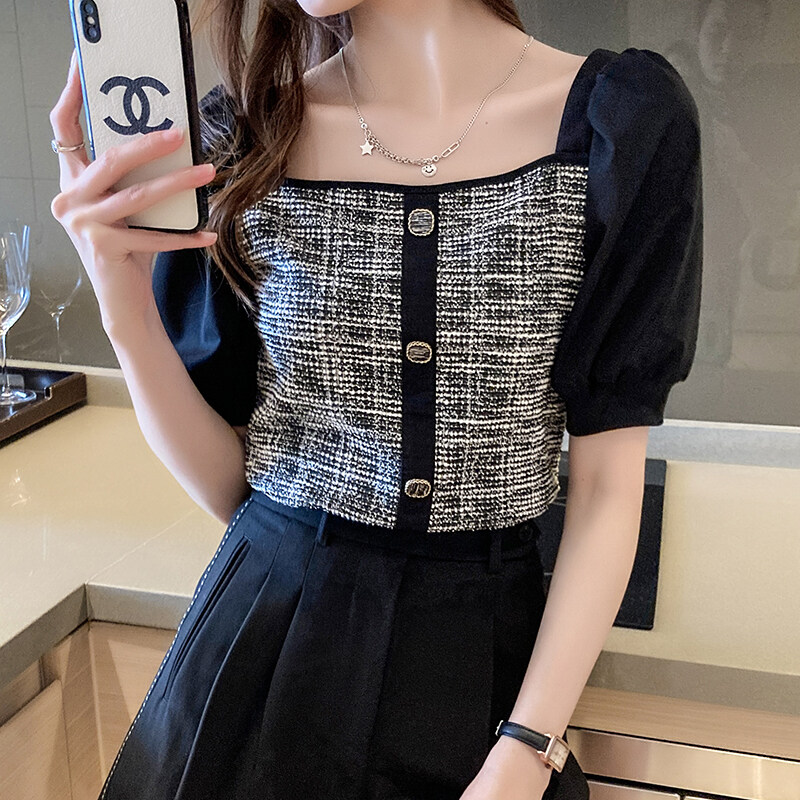 YIGE summer Korean women's plaid square collar blouse plus size elegant temperament
