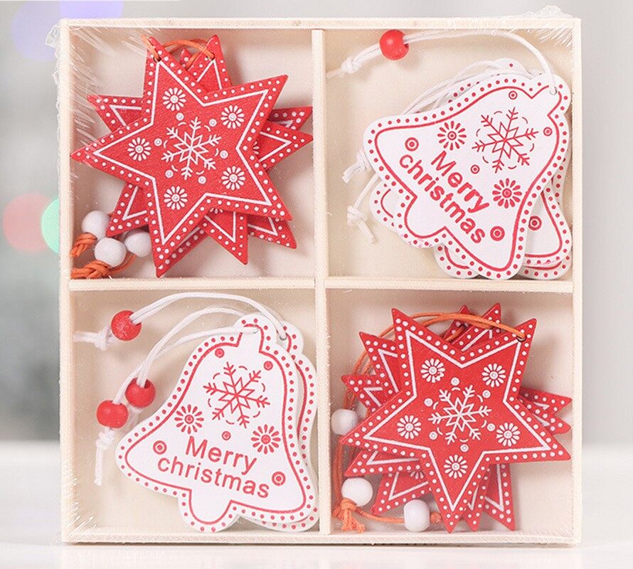 12pcs/lot Christmas Tree Ornament Wooden Snowflake Hanging Pendants Xmas Decoration For Home New Year Kids Gifts Party Favors
