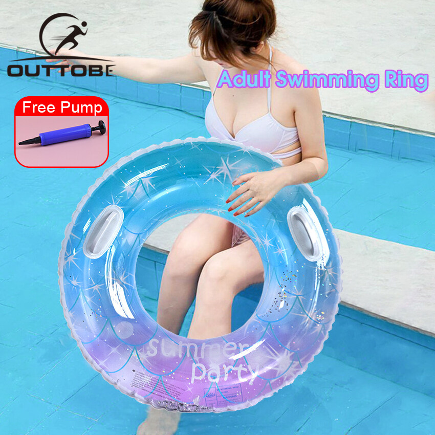 Outtobe Rainbow Swimming Ring Transparent Glitter Pool Floats Swimming Ring Adult Children Inflatable Pool Tube Giant Float Boys Girl Water Swim laps Swimming Ring with Handle