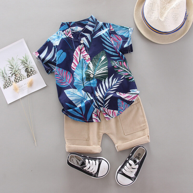 Baby boy clothes kids set 0-4 years old children's printed leaves cotton one breasted two piece suit