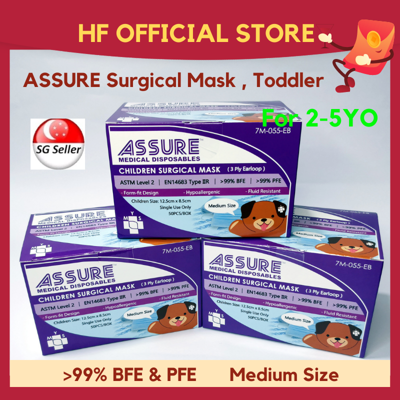 [Bundle of 3] ASSURE Surgical Mask Kids Children 50’s/box 3-ply Earloop Disposable 99% BFE Medical Grade Toddler Size (2-5 years old)
