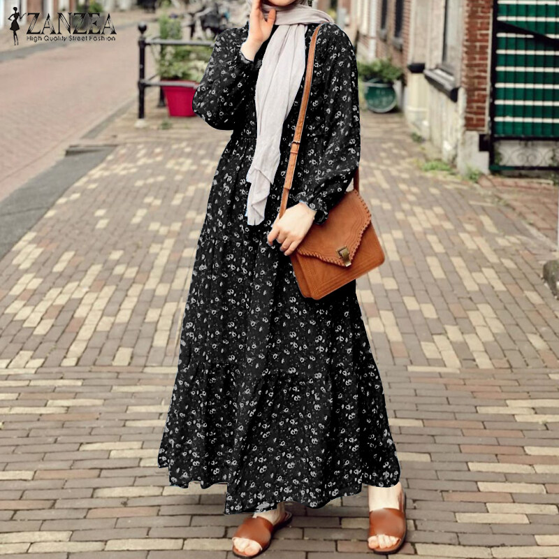 ZANZEA Women Muslim Casual Holiday Party Puff Sleeve Floral Printed Maxi Shirt Dress