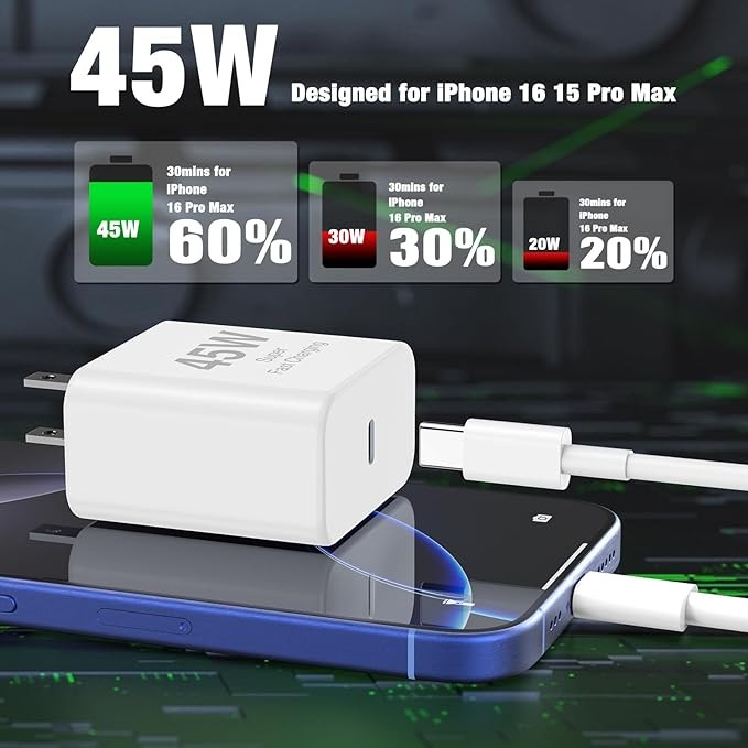 45W Super Fast Charger for iPhone 16 Pro Max, 3-Pack USB-C Fast Charging Blocks with 10/10/6-Foot C-to-C Cables, Compatible with iPhone 16 Pro/AirPods 4/AirPods Pro 2/iPad 10/11/Samsung S25 Ultra