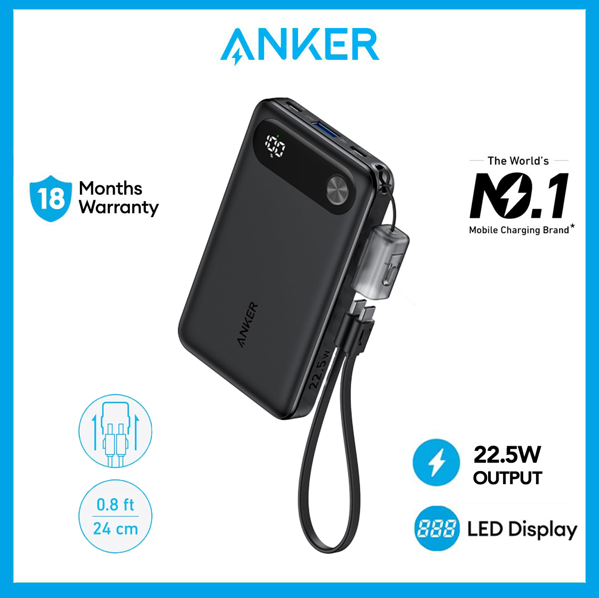 Anker Powercore Fast Charging PowerBank 10000mAh Power Bank Portable Charger USB-C Cable Lanyard 22.5W Max Output Fast Charge USB-C USB-A Port A1257