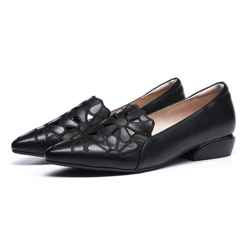 Soft Leather Soft Surface Hollow Embroidered Single Shoes Women New Summer and Autumn Low-heel Mother Women's Shoes Breathable Work Women's Sandals