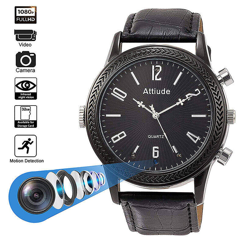[Built-in 16/32/64G Storage]2-in-1 Full HD 1080P Video Recorder Mini Camera Watch with Cameras IR Night Vision Motion Detection Wireless Micro Camcorder Action Cam