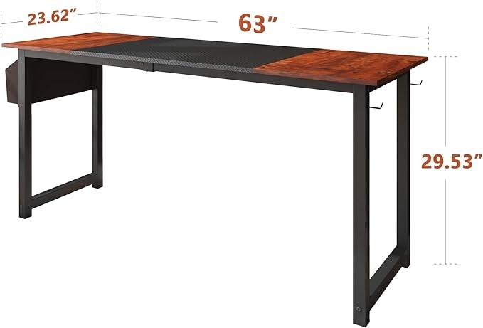 63 Inch Home Office Computer Two-Color Panel Desk with Storage Bag and Hook, Black, Sandalwood Color, Industrial Modern Laptop Desk