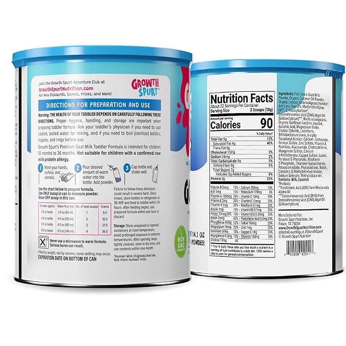 Growth Spurt Goat Milk Toddler Formula â Powdered Goat's Milk Toddler Formula â Lactoferrin, 2'-FL HMO, Prebiotics, Probiotics, Iron, DHA & ARA, Immune Support, Non GMO Infant Baby (12 Pack)