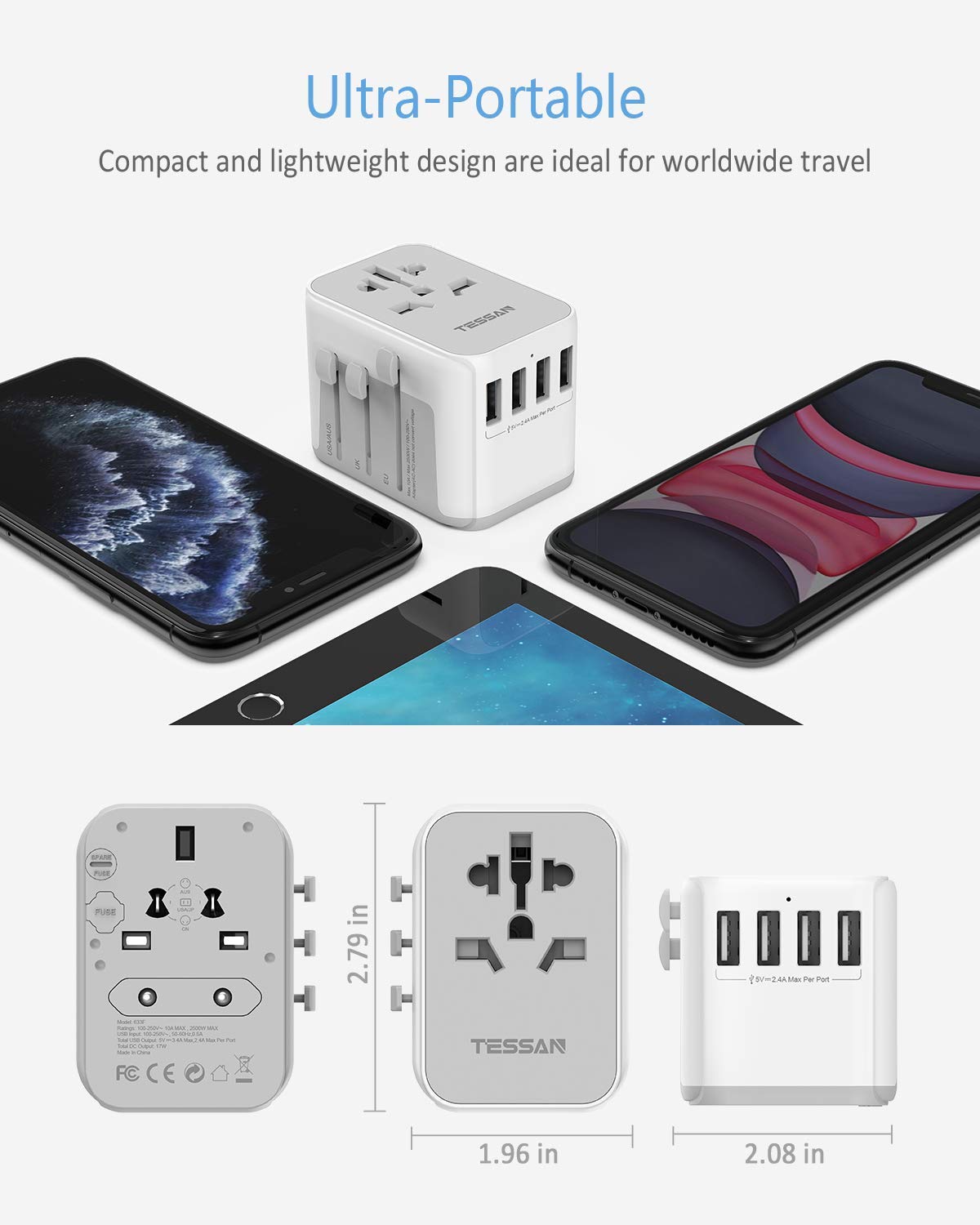 International Travel Adapter with 4 USB Outlets + 1 Universal Outlets, TESSAN Socket European Power Plug Adaptor Worldwide All in One Wall Charger Converter Travel Plug USB Charger Power Adaptor for
