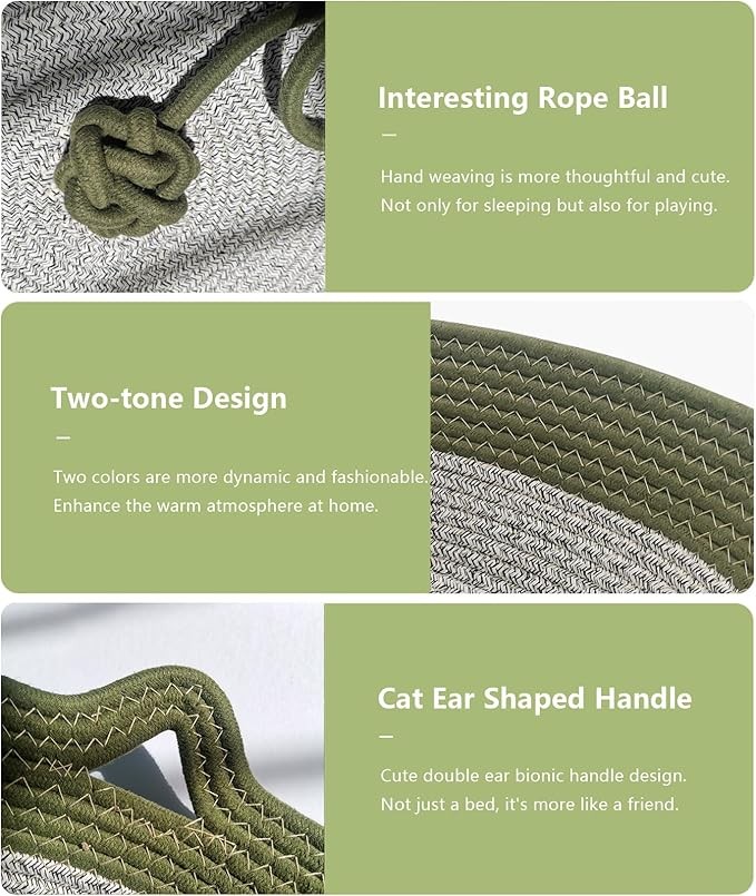 Panbo Hand Woven Cat Bed with Toy Tail, Kitten Shaped House Natural Cotton Linen Cat Scratch pad, Breathable and Odorless Indoor Puppy Bed Mat - Green S