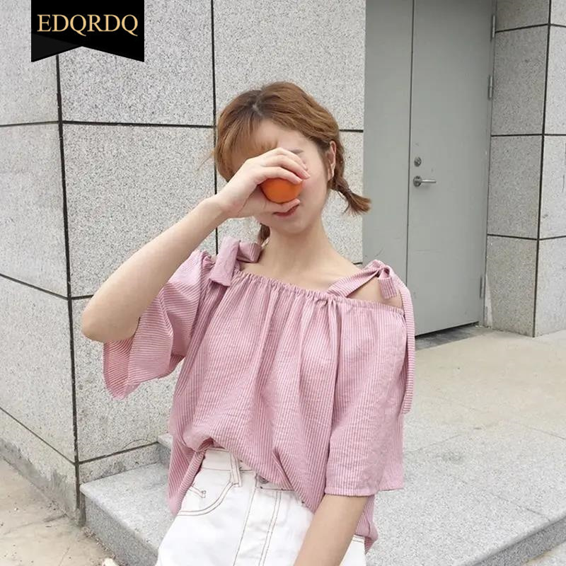 EDQRDQ Womens Summer Off Shoulder Blouse Striped Lace Up Top 3/4 Sleeve Casual Chiffon Tops Shirts