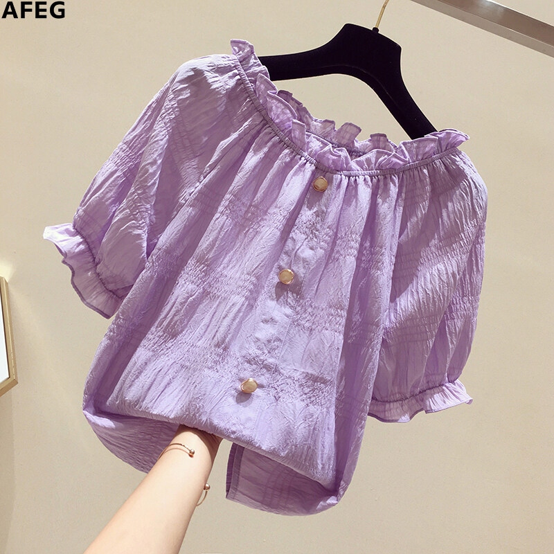 AFEG solid color new Korean version of the word collar fashion casual all-match short-sleeved blouse for women
