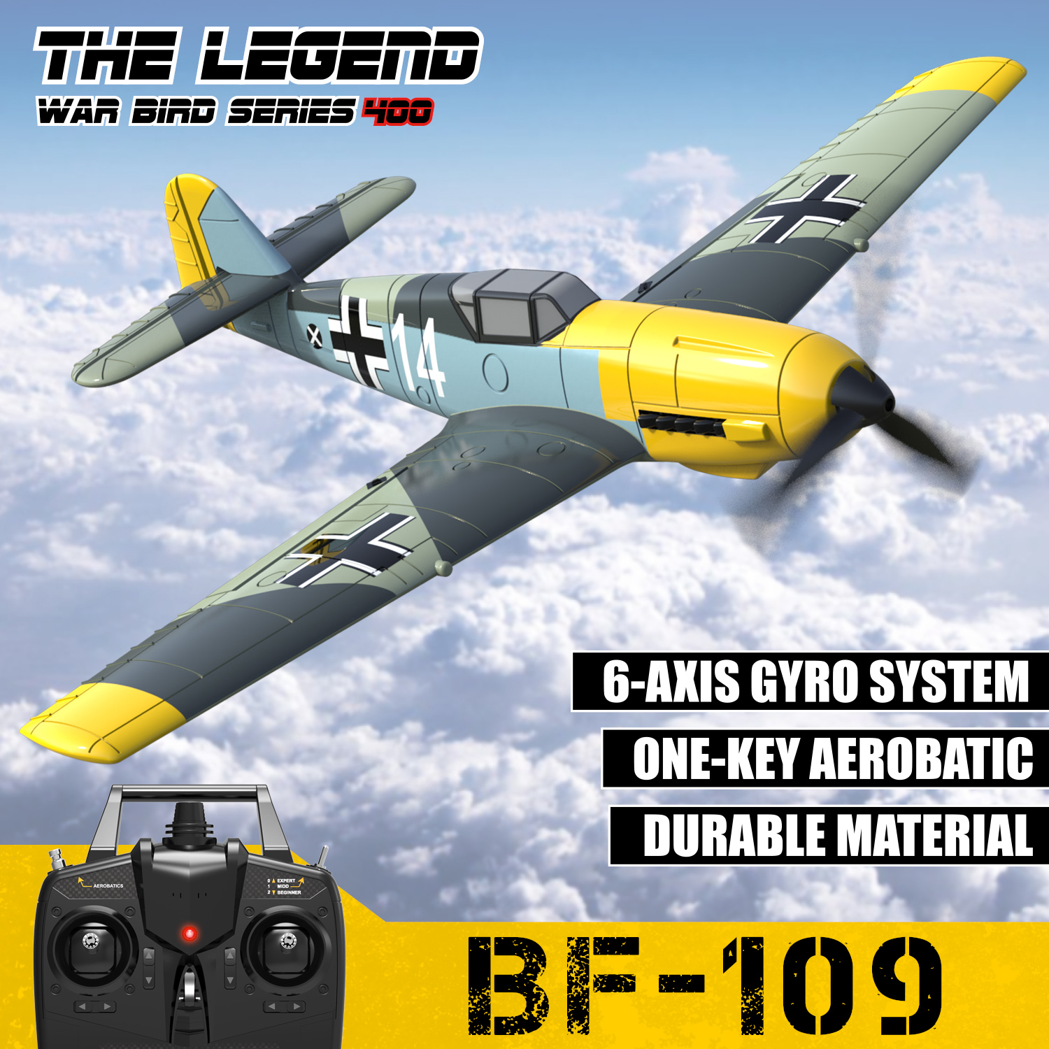 Volantex RC plane BF109 2.4GHz 4CH 400mm 6-Axis Xpilot Stabilization System One Key Aerobatic U-Turn EPP Foam RC Airplane For Beginners