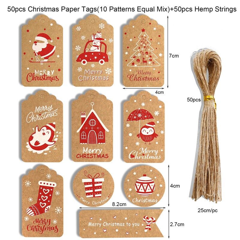 50Pcs Merry Christmas Kraft Paper Tags DIY Handmade Gift Wrapping Paper Labels Santa Claus Hang Tag Ornaments New Year Decor