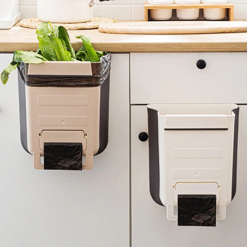 1PCS Multifunction Wall Mounted Folding Waste Bin Kitchen Cabinet Door Hanging Trash Bin Garbage Car Trash Can Wall Mounted Foldable Cleaning Towel Holder Rack Shelf